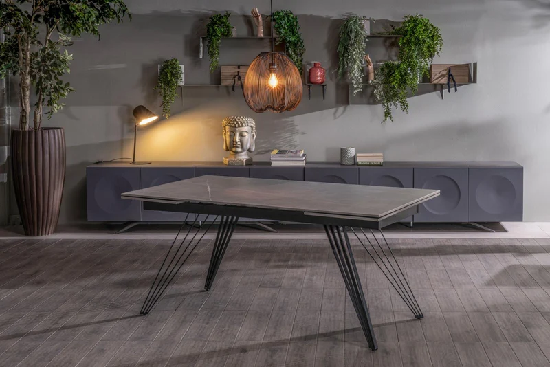 Table extensible gris-noir mat avec pieds en V, 90x160-240x76