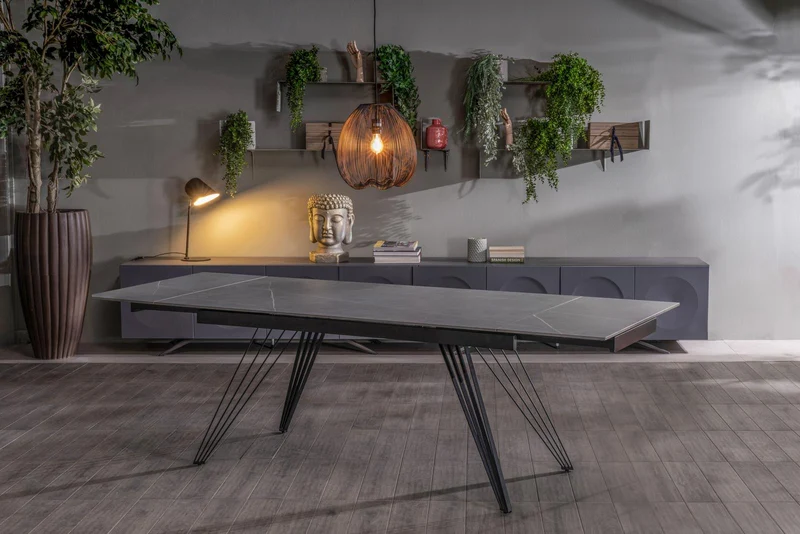 Table extensible gris-noir mat avec pieds en V, 90x160-240x76