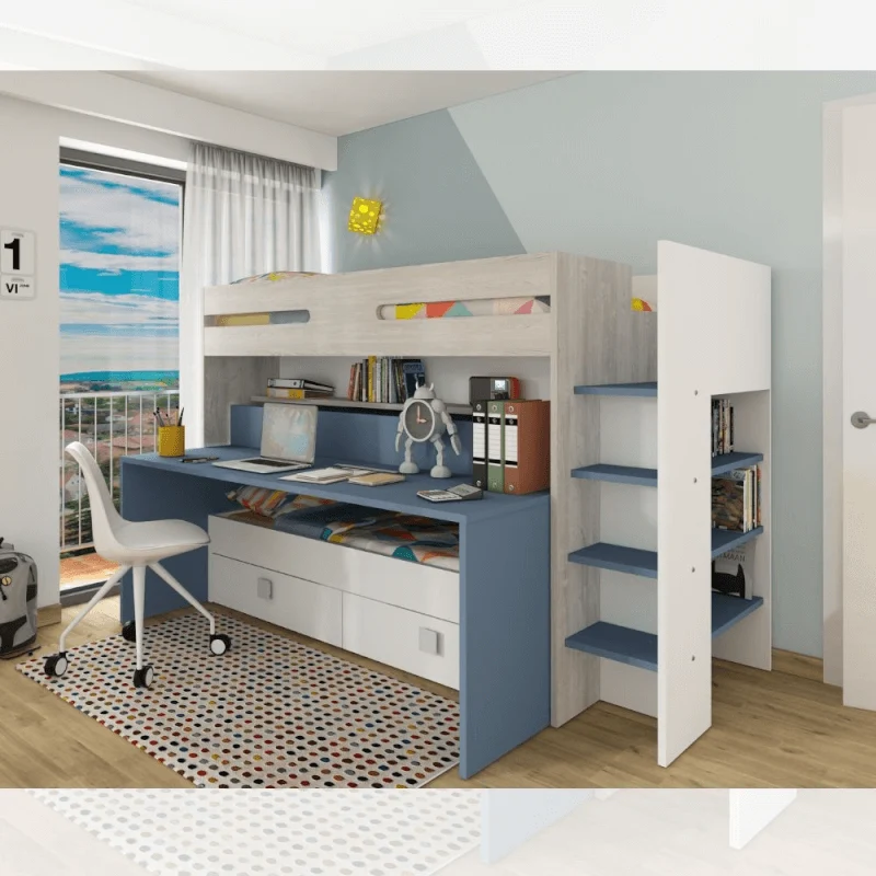 Lit superposé 6070 blanc bleu clair avec bureau extractible EFFEZ