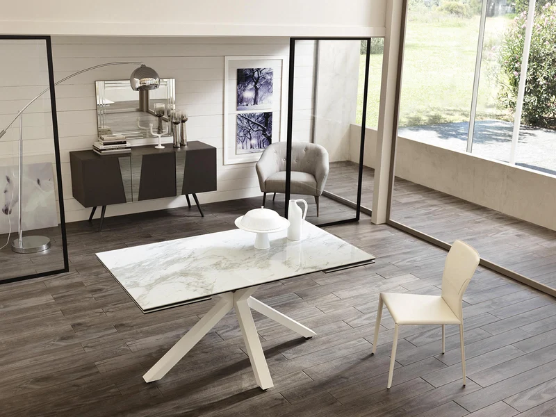 Table extensible blanc-céramique marbre blanc 90 cm x 160-240 cm H. 76 cm