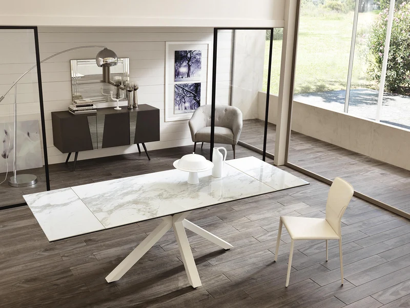 Table extensible blanc-céramique marbre blanc 90 cm x 160-240 cm H. 76 cm