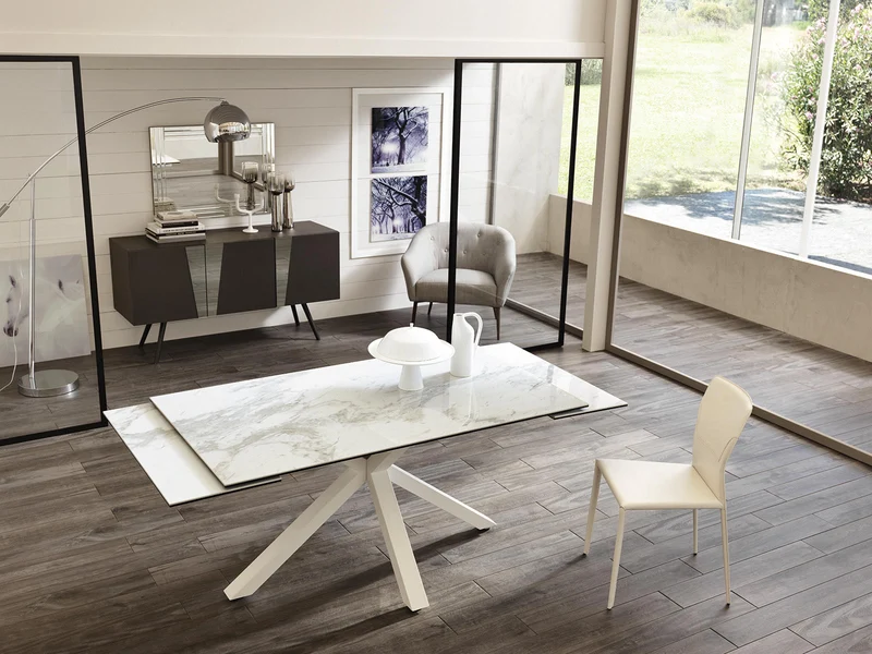 Table extensible blanc-céramique marbre blanc 90 cm x 160-240 cm H. 76 cm