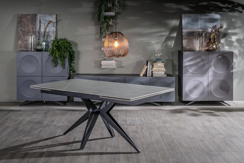 Table extensible gris-noir mat, pieds en X, 90x160-240x76