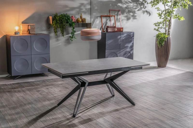 Table extensible gris-noir mat, pieds en H, 90x160-240x76