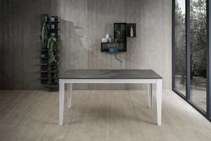 Table extensible béton gris-métal blanc 90 cm x 156- 316 cm H. 76 cm