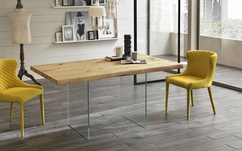 Table extensible en placage de chêne et pieds en verre trempé 160/240x90x76h cm