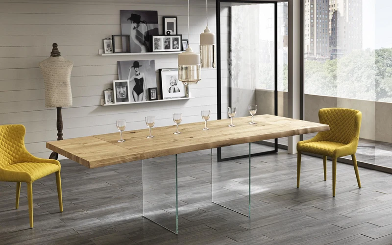 Table extensible en placage de chêne et pieds en verre trempé 160/240x90x76h cm