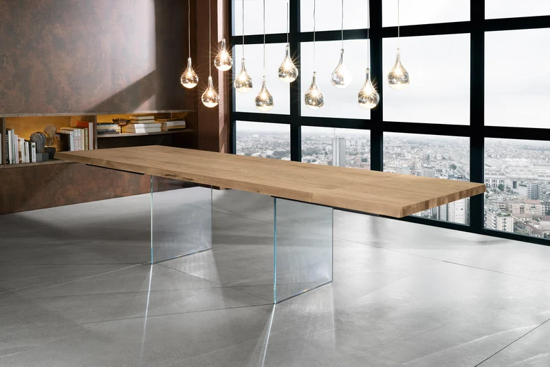 Table extensible en placage de chêne et pieds en verre trempé 160/240x90x76h cm