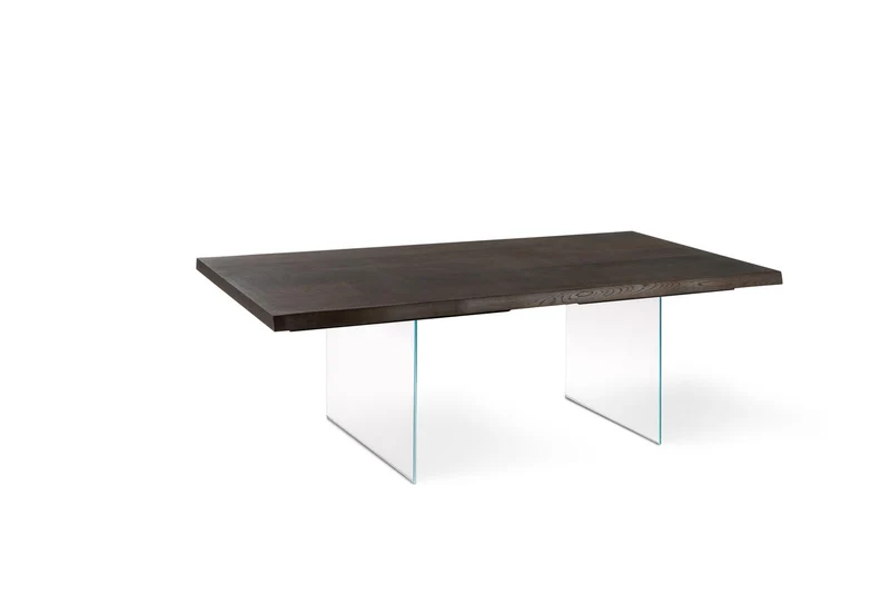 Table extensible en chêne traité thermiquement et pieds en verre 200/300x100 cm