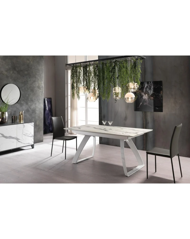 Table Extensible Barret 170-270x90, Marbre Calacatta, Pieds Blancs