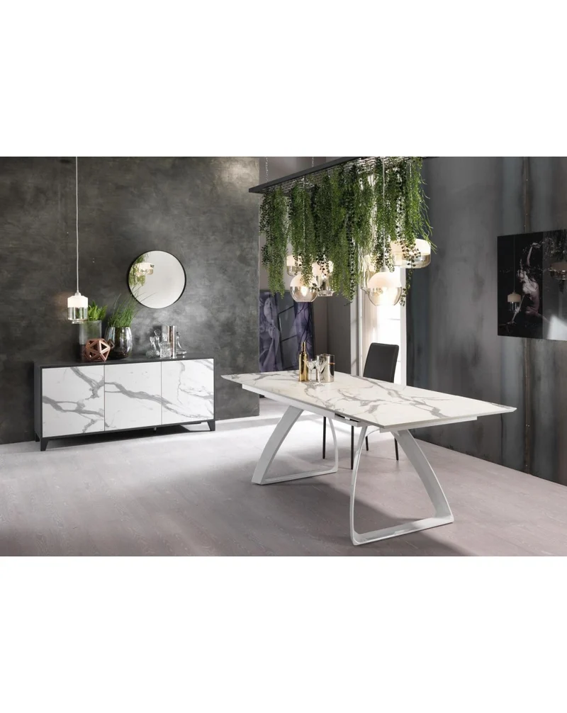 Table Extensible Barret 170-270x90, Marbre Calacatta, Pieds Blancs