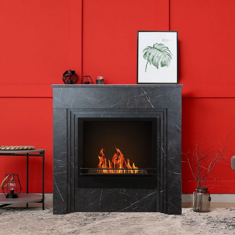 Cheminée au Bioéthanol sur Pied en Bois Effet Marbre Noir L96 x P35 x H96
