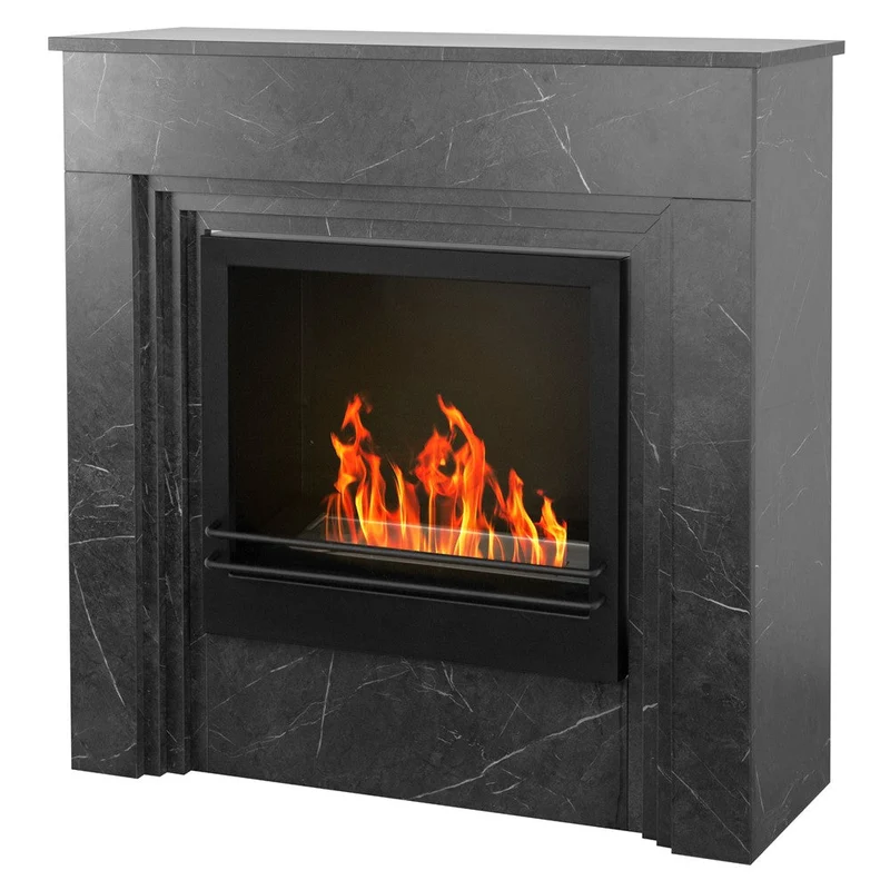 Cheminée au Bioéthanol sur Pied en Bois Effet Marbre Noir L96 x P35 x H96