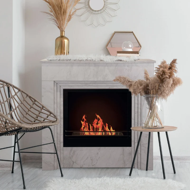Cheminée au Bioéthanol BELLINI en Bois Effet Marbre Blanc - Fabriquée en Italie - L96 x P35 x H96
