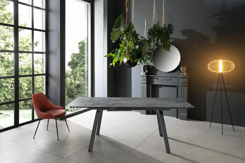 Table extensible avec plateau en pierre effet marbre noir 140/200x80x76h cm