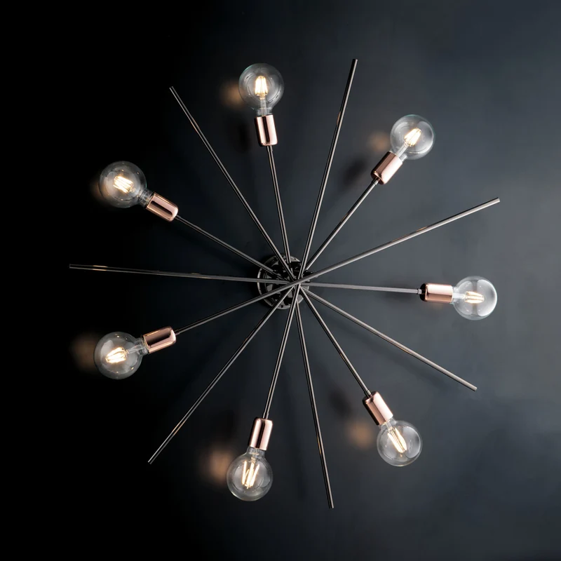 Plafonnier en fer, noir, chrome et cuivre à 7 lumières H.14 - Ø95