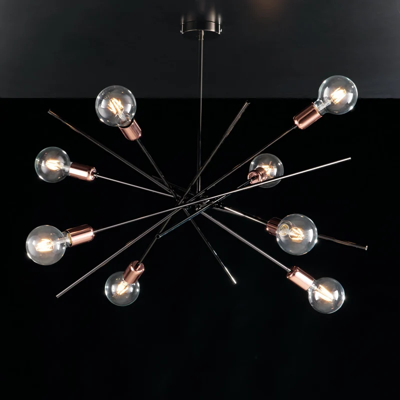 Plafonnier en fer, noir, chrome et cuivre à 8 lumières H.62 - Ø82