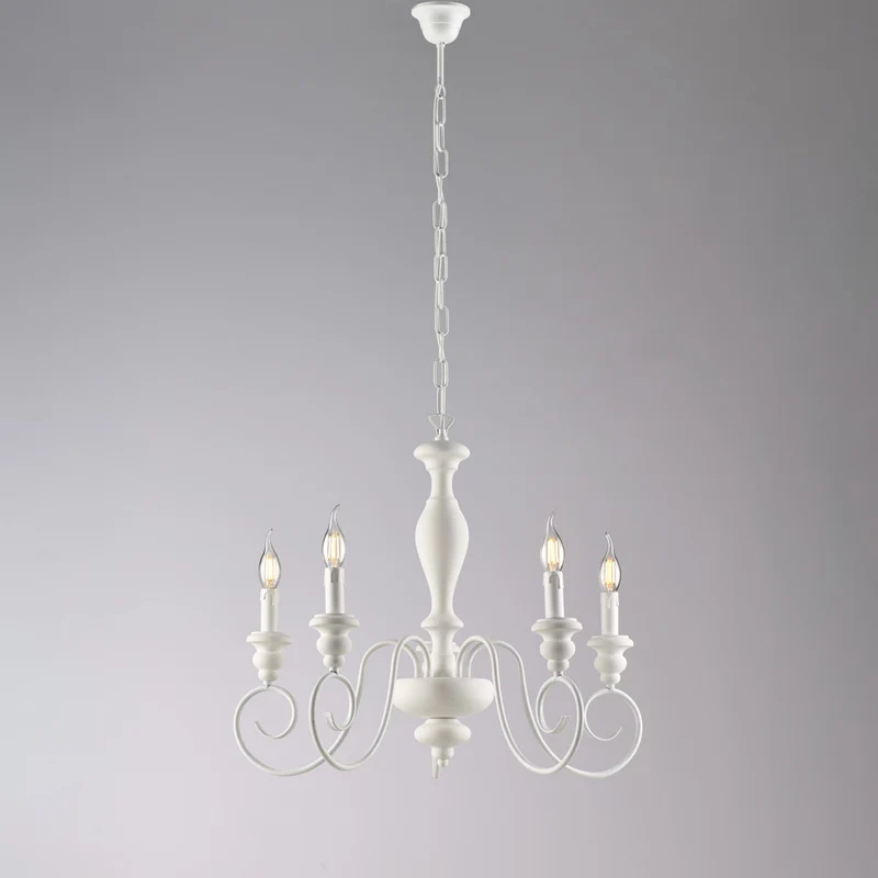 Lustre Shabby en bois laqué blanc et fer 5 lumières H.55 - MAX 115 - Ø60