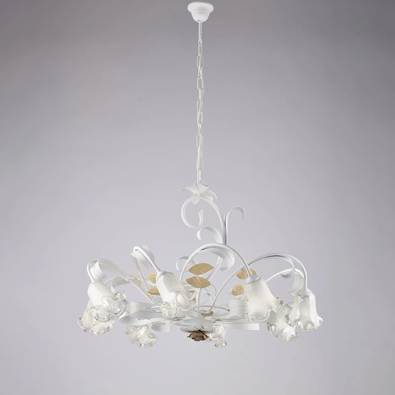 Lustre Shabby en fer laqué blanc 8 lumières H.52 - MAX 112 - Ø85