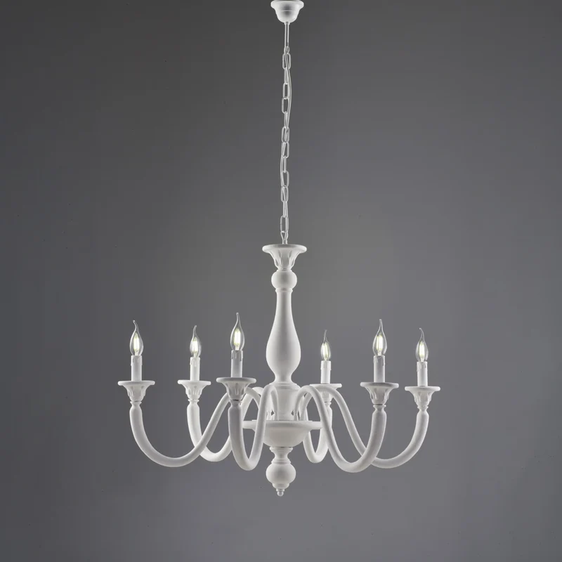 Lustre shabby en bois blanc 6 lumières H.69 - MAX 129 - Ø86