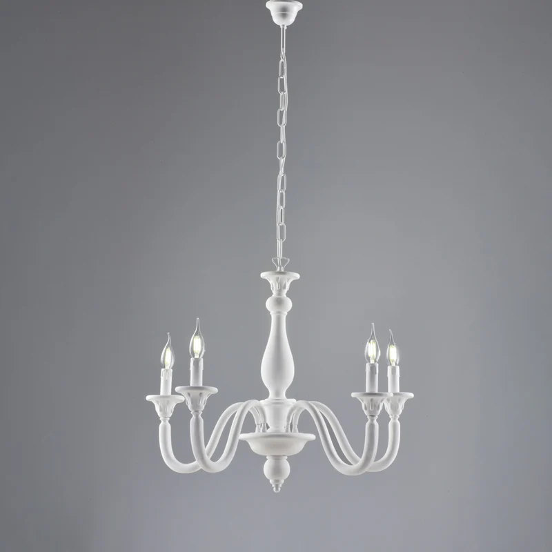 Lustre shabby en bois blanc 5 lumières H.56 - MAX 116 - Ø62