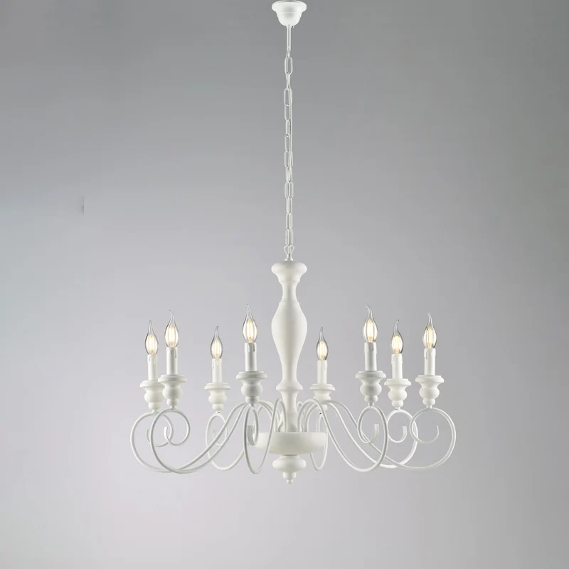 Lustre Shabby en bois laqué blanc et fer 8 lumières H.61 - MAX 121 - Ø82