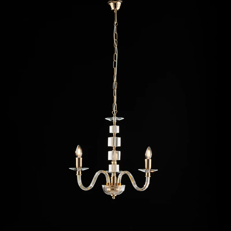 Lustre doré verre transparent et strass 3 lumières H.50 - MAX 110 - Ø43
