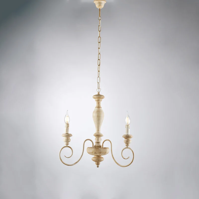 Lustre en bois et fer blanc et tourterelle 3 lumières H.53 - MAX 113 - Ø44