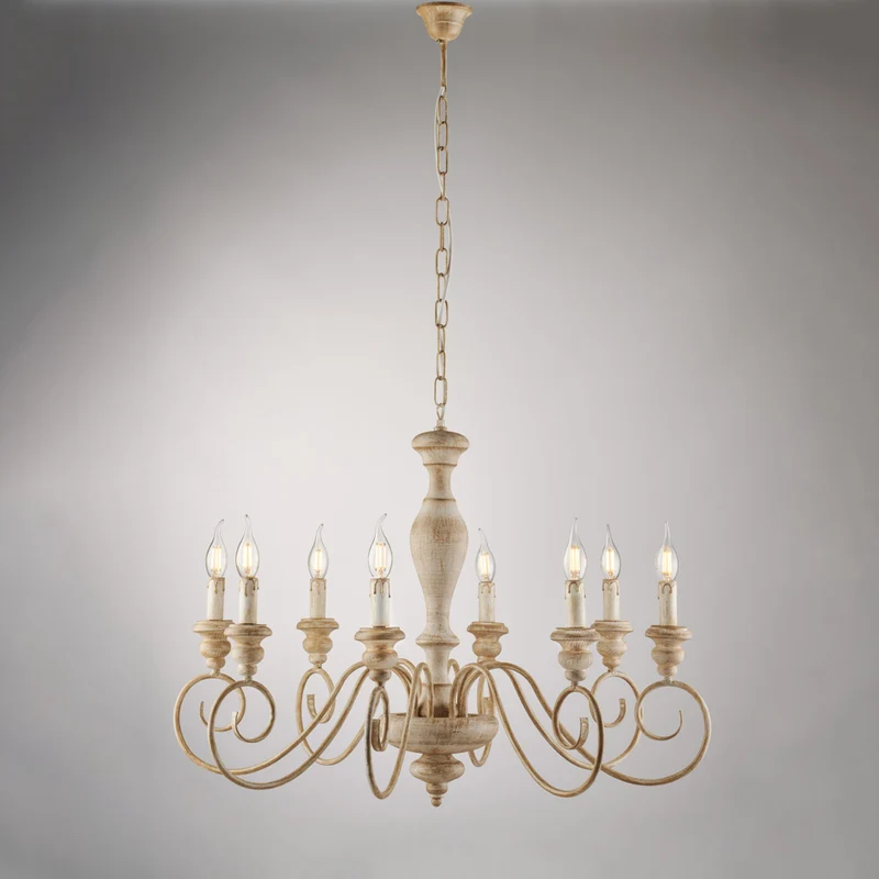 Lustre en bois et fer blanc et tourterelle 8 lumières H.61 - MAX 121 - Ø82