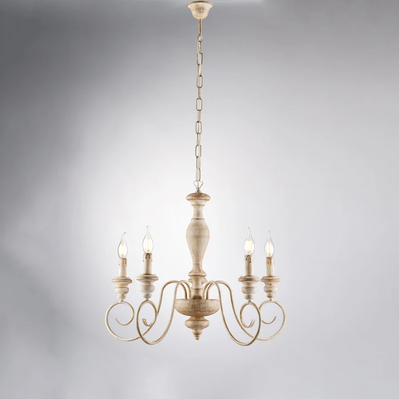 Lustre en bois et fer blanc et tourterelle 5 lumières H.55 - MAX 115 - Ø60