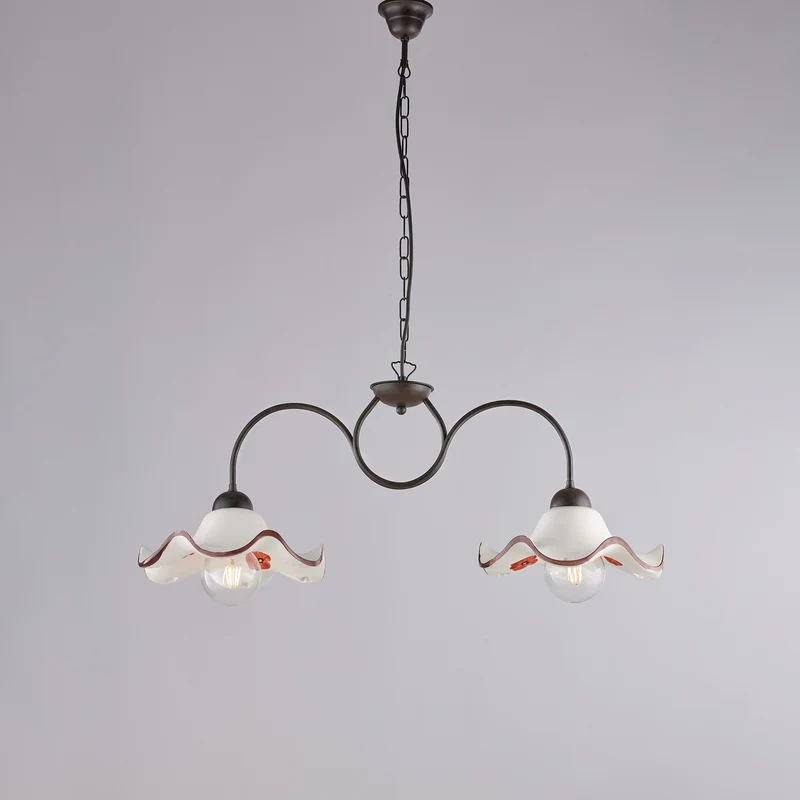 Lustre en fer laqué noir et décor rouille avec diffuseurs en céramique diamètre 30 blanc et marron 2 lumières H.34 - MAX 94 - L. 81 X 30
