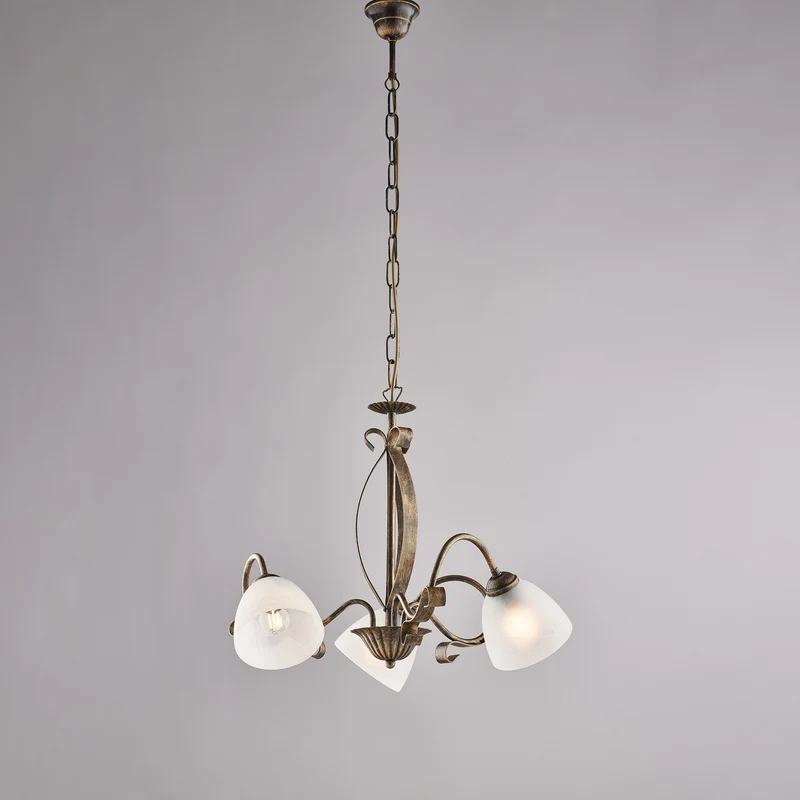 Lustre antique marron doré, verre albâtre, 3 lumières, Ø51 cm