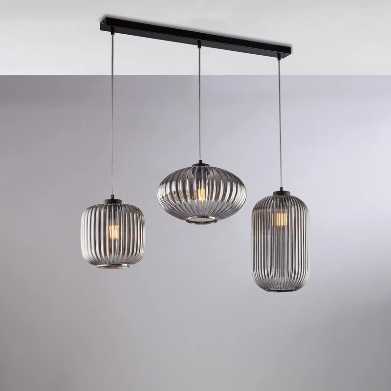 Rail Noir avec Câbles et Diffuseurs Gris, 3 Lumières, H.41, L.83 x 30