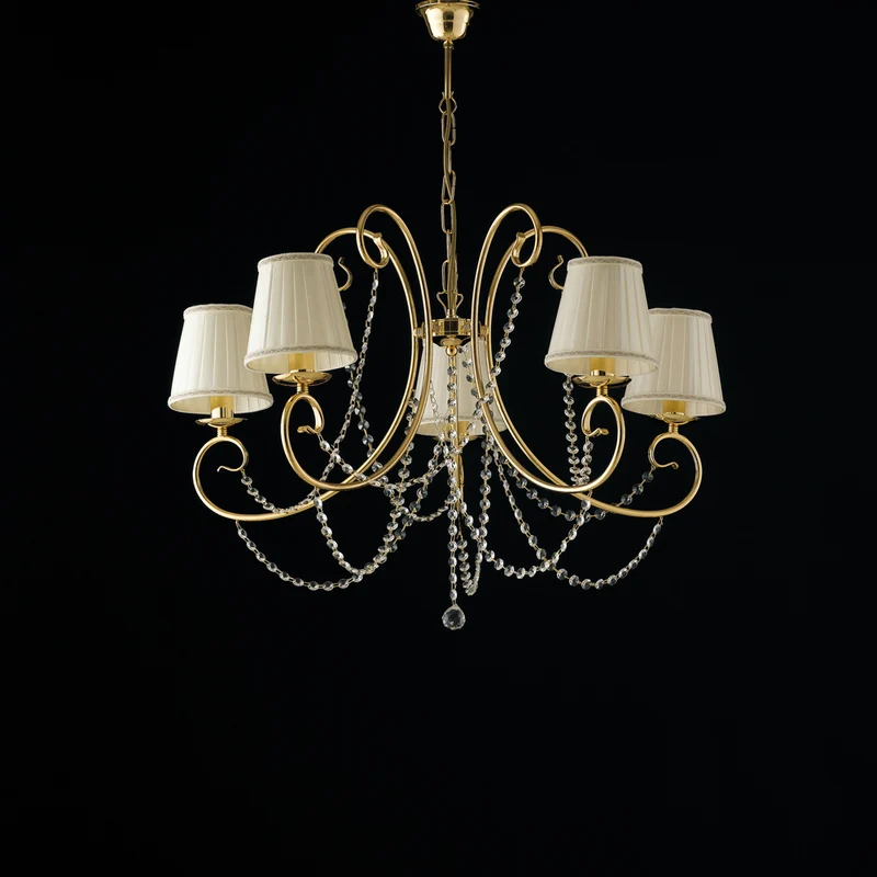 Lustre en fer doré 5 lumières avec abat-jour H.55 - MAX 115 - Ø72