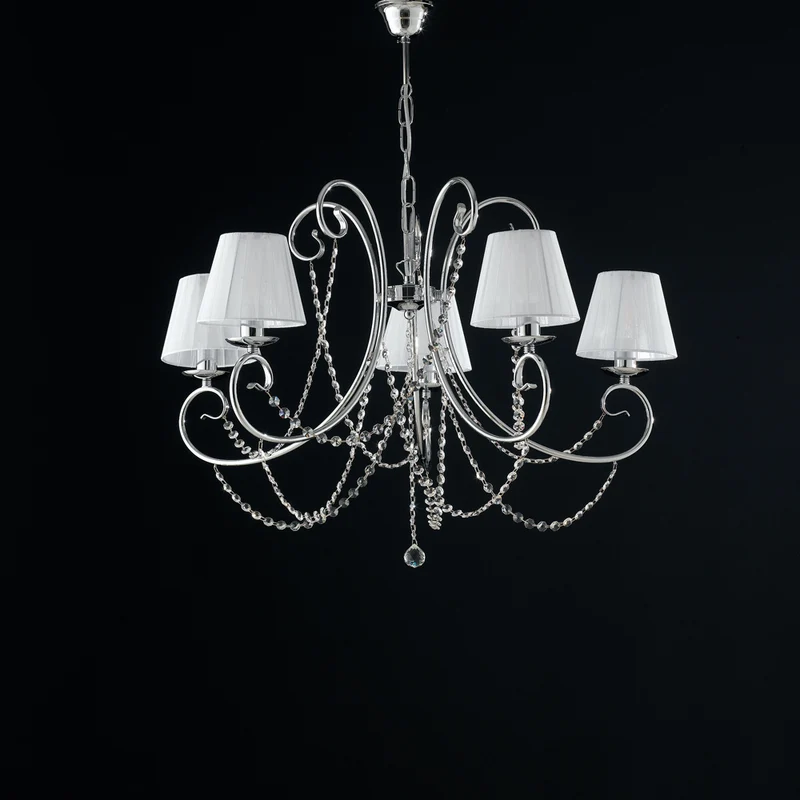 Lustre 5 lumières en fer chromé avec abat-jour H.55 - MAX 115 - Ø72