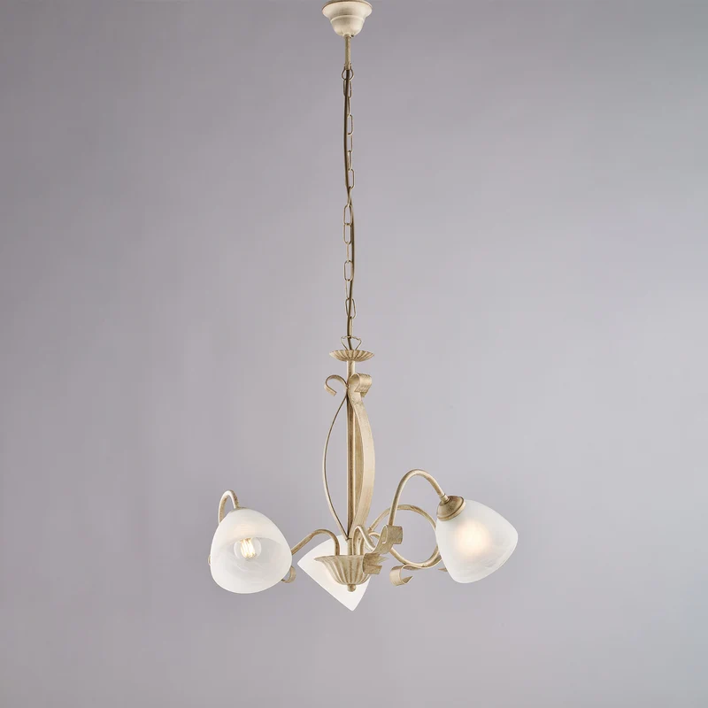 Lustre ancien doré ivoire, verre albâtre blanc, 3 lumières, Ø51 cm