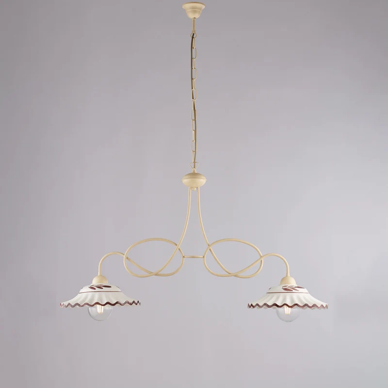 Lustre ivoire mariné, céramique marron blanc, 2 lumières, L.98x30 cm