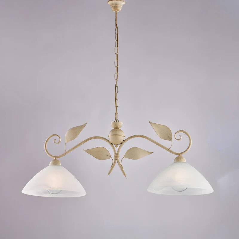 Lustre ancien doré ivoire, verre albâtre blanc, 2 lumières, L.96x30 cm