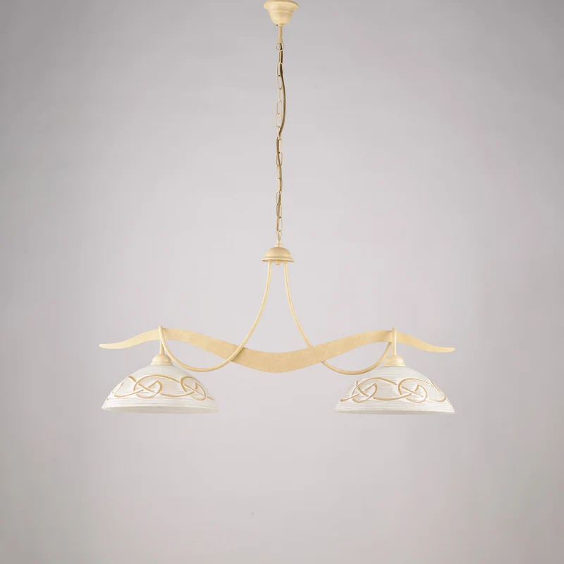 Lustre ivoire mariné, verre blanc ambré, 2 lumières, L.89x30 cm