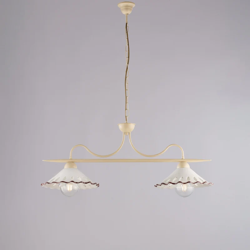 Lustre ivoire mariné, céramique marron blanc, 2 lumières, L.83x30 cm