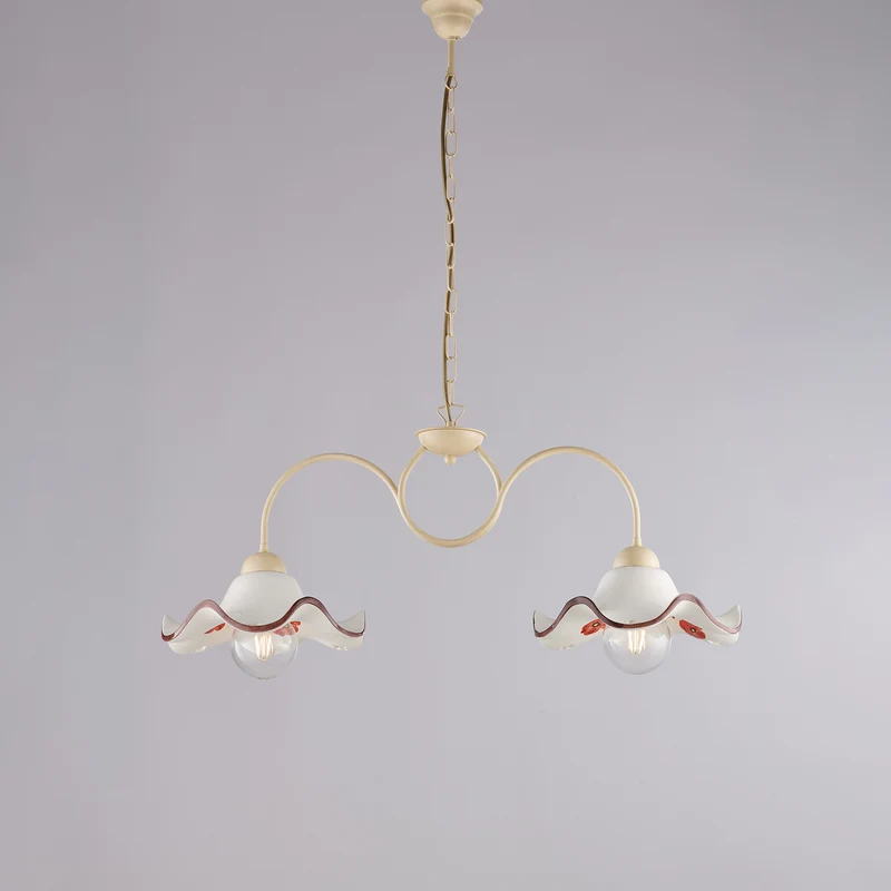 Lustre ivoire mariné, céramique marron blanc, 2 lumières, L.81x30 cm