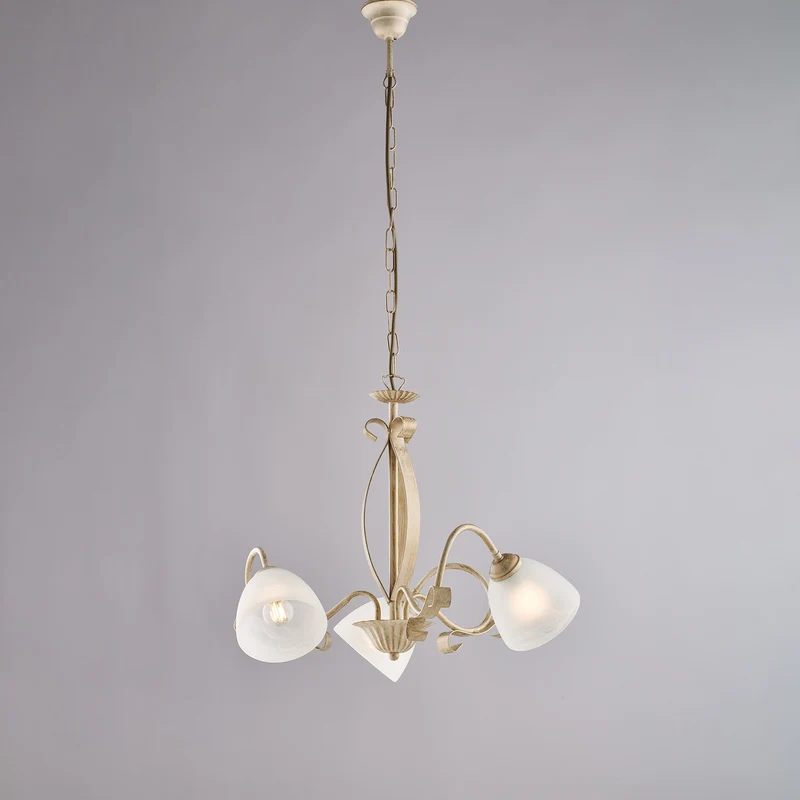 Lustre ancien doré ivoire, verre albâtre blanc, 5 lumières, Ø64 cm