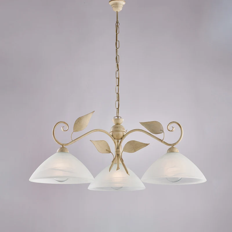 Lustre ancien doré ivoire, verre albâtre blanc, 3 lumières, Ø79 cm