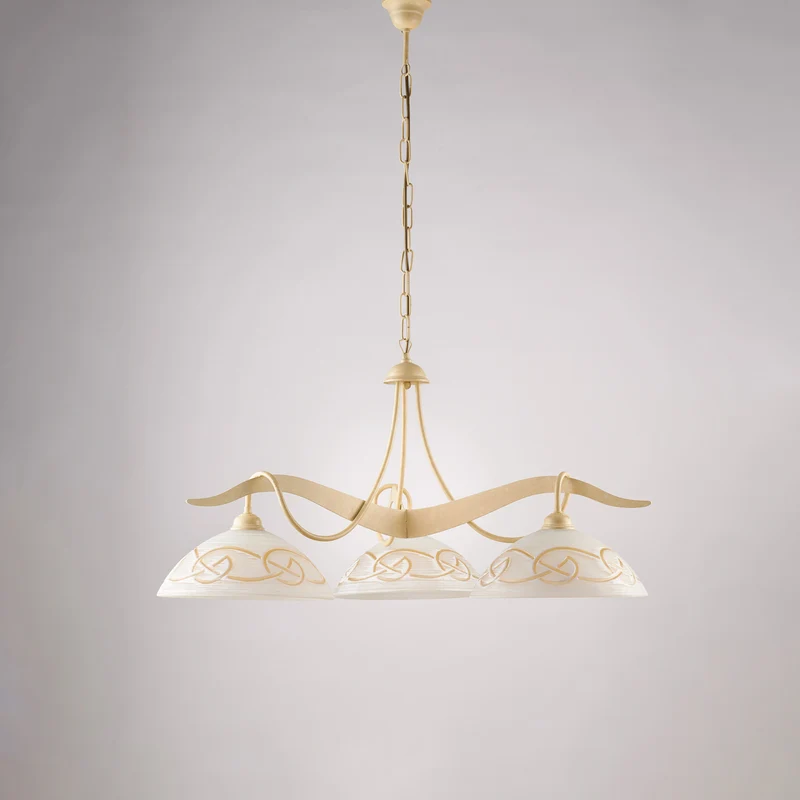 Lustre ivoire mariné, verre blanc ambré, 3 lumières, Ø89, H.46-106 cm