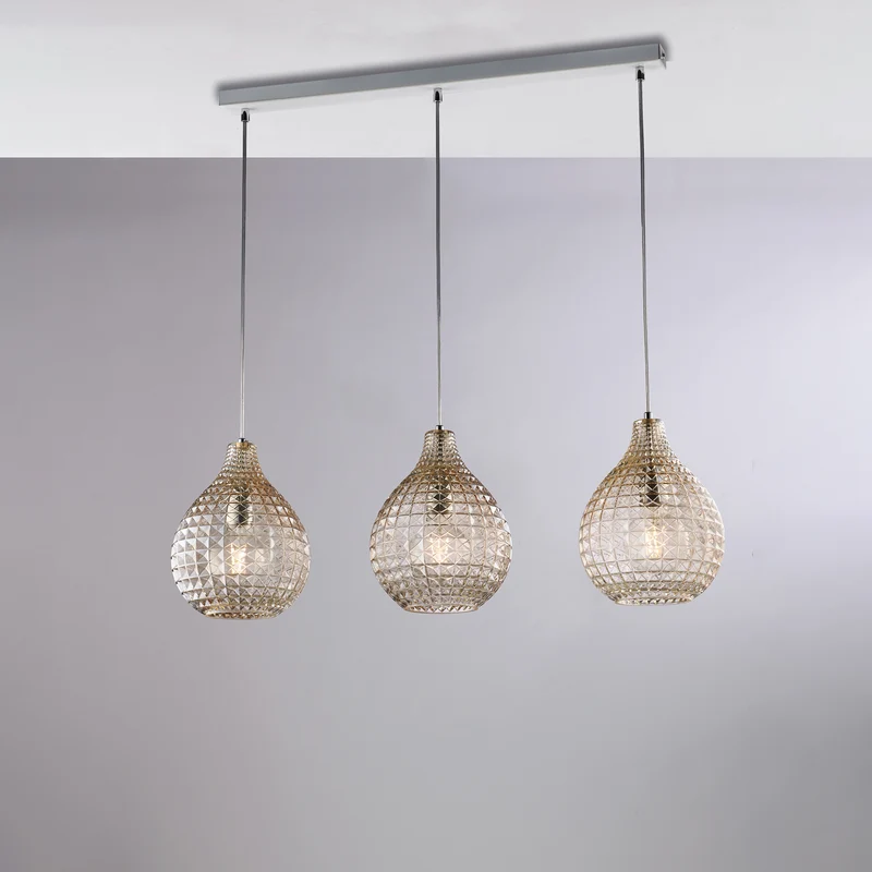 Rail en Fer Chromé Blanc 3 Lumières Verre Ambré 88x21 H32-132 cm