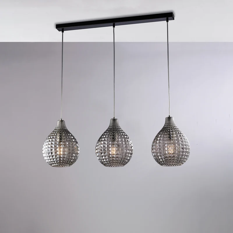 Rail en fer noir, verre gris, 3 lumières, H.32 - MAX132 x L.88 x 21