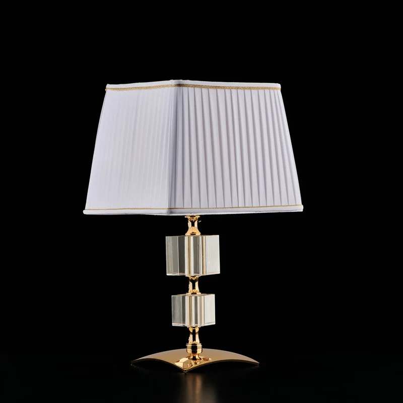 Lampe de table cristal cubique, fer doré, abat-jour Ø20 H36 cm
