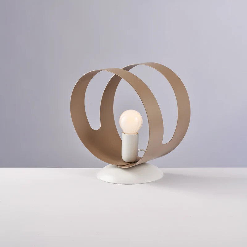 Lampe de table en fer laqué blanc avec bande découpée laser gris tourterelle, 1 lumière H.22 - Ø19