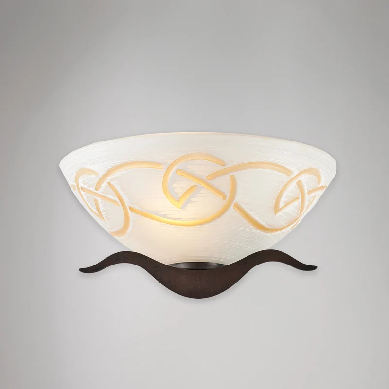 Applique en fer laqué noir à décor effet rouille et diffuseur en verre diamètre 30 blanc et ambre 1 lumière H.15 - L.30 - P.15
