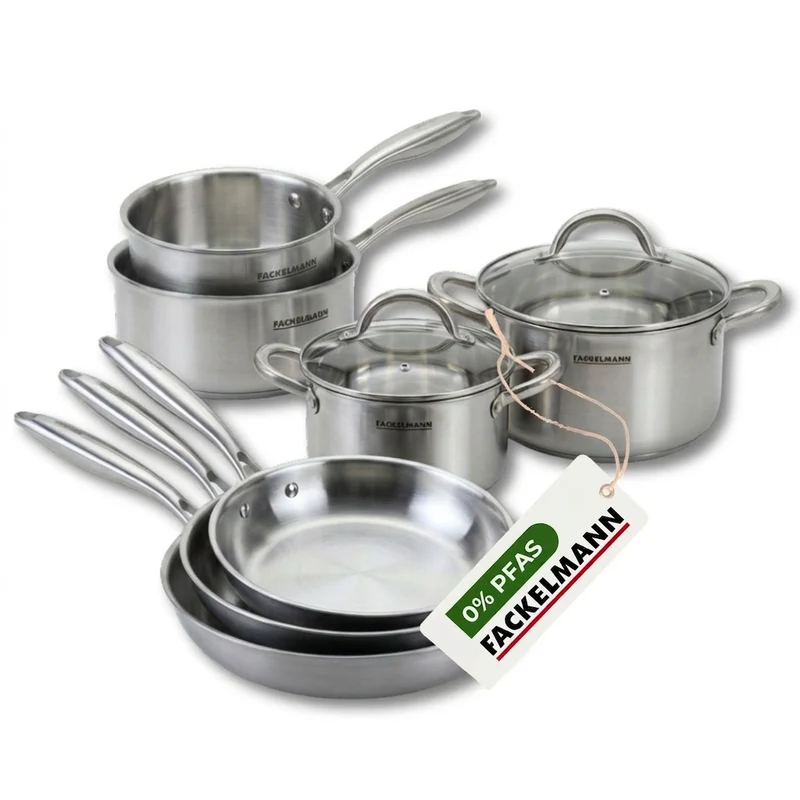 Batterie de cuisine avec 3 poêles 20/24/28 cm 2 casseroles 14/18 cm et 2 faitouts 20/24 cm en inox sans PFAS Fackelmann Vita3